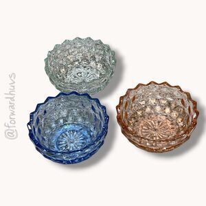Set of 3 Pressed Glass Dessert Bowls – Blue, Peach Amber, Clear – 6”